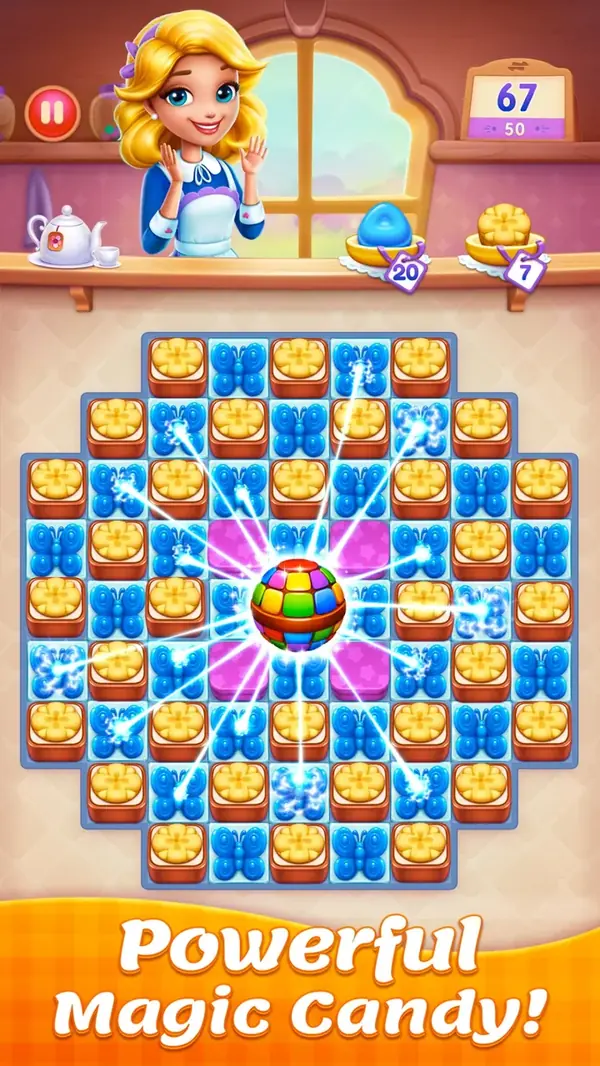 Spielfeld von Candy Sweet Legend - Match 3 mit einem farbigen Kombistein in der Mitte