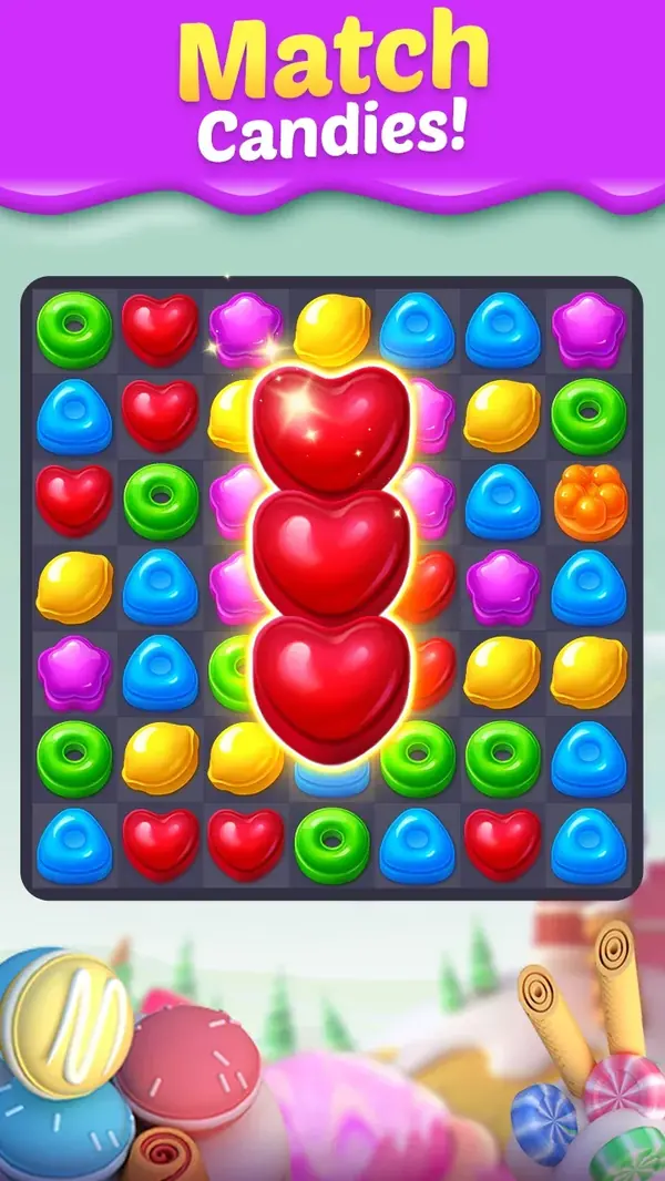 Spielfeld von Candy Smash Mania: Match 3 Pop mit dicht gefüllten Reihen aus Zuckerln