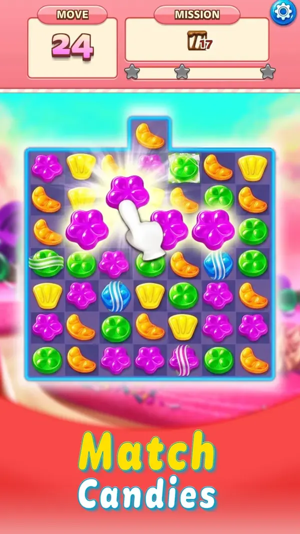 Spielfeld von Candy Blast: Sugar Splash mit Zugzähler und Aufgabenleiste über dem Feld